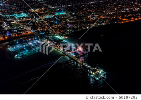 Aerial view of the Santa Monica shoreline at night 60197292