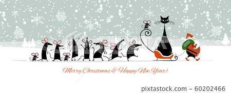 Christmas card with funny mouse with Cat and Santa in winter forest, symbol of 2020 year Christmas card with funny mouse with Cat and Santa in winter forest, symbol of 2020 year 60202466