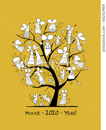 Funny mouses tree, symbol of 2020 year. Greeting card for your design 60202469