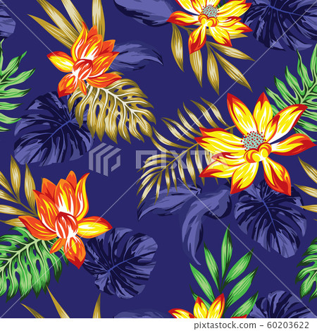 Sunny lily flowers leaves seamless phantom blue 60203622