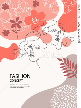 Two female faces drawn in one line. Silhouettes of flowers. Fashion concept. 60203702