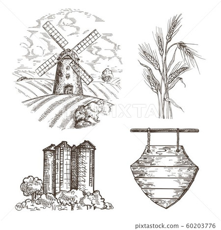 Country landscape with mill, grain elevator, wheat spike, wooden sign. Country landscape with mill, grain elevator, wheat spike, wooden sign. 60203776