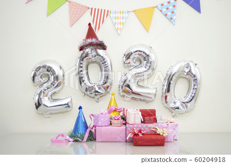 Happy new year gift concept, Close up craft gift boxes on white background 60204918