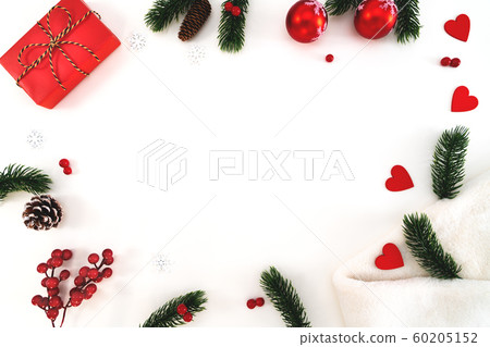 Christmas composition. Christmas gift, fir blanket, pine cones, fir branches on white background Christmas composition. Christmas gift, fir blanket, pine cones, fir branches on white background 60205152