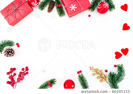 Christmas composition. Christmas ball, pine cones, fir branches on white background. Flat lay Christmas composition. Christmas ball, pine cones, fir branches on white background. Flat lay 60205153