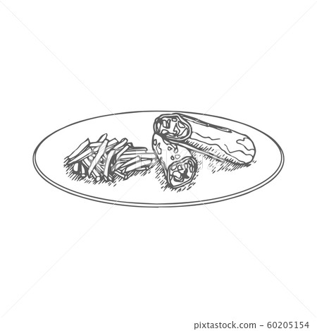 Burritos with fried Potatoes Hand Drawn on White Background. Vector 60205154