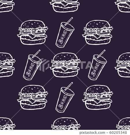 Hand Drawn Burger and Soda Drink Seamless Pattern Background. Vector 60205348