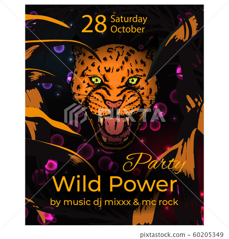 Wild Power Party slogan Poster with Amur Leopard face. Vector Wild Power Party slogan Poster with Amur Leopard face. Vector 60205349