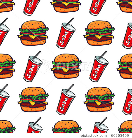 Hand Drawn Burger and Soda Drink Seamless Pattern Background. Vector Hand Drawn Burger and Soda Drink Seamless Pattern Background. Vector 60205409