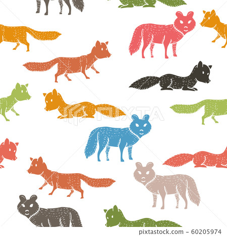 Seamless pattern with companion dogs or wolves or foxes on white background. Backdrop with funny purebred pet animals of various types. Flat cartoon vector illustration for wallpaper, fabric print 60205974