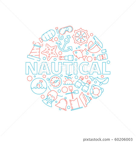 Marine concept. Nautical pictures fish boat sea captain yacht circle shape with marine symbols vector background 60206003
