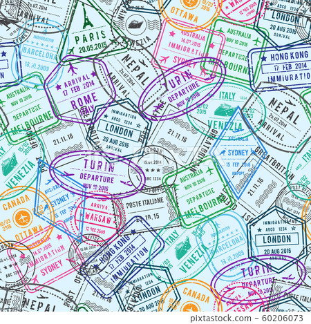 Vector pattern or background illustration with post and immigration stamps from different countries 60206073