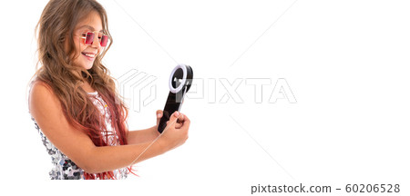 Little pretty caucasian girl do selfie with phone and circle lamp, panorama isolated on white Little pretty caucasian girl do selfie with phone and circle lamp, panorama isolated on white 60206528