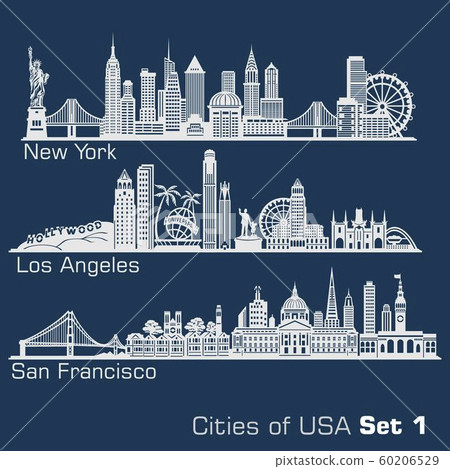 Cities of USA - New York, Los Angeles, San Francisco. Detailed architecture. Trendy vector illustration. Cities of USA - New York, Los Angeles, San Francisco. Detailed architecture. Trendy vector illustration. 60206529