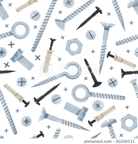 Screw pattern. Nails vise iron tools for construction fixing screws instruments for builders textile design vector seamless backgound 60206531