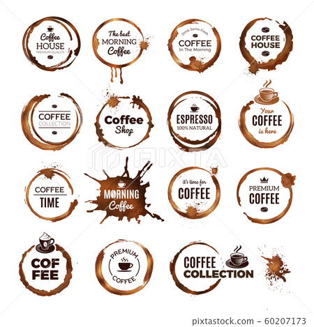 Coffee rings badges. Labels with dirty circles... - Stock Illustration ...