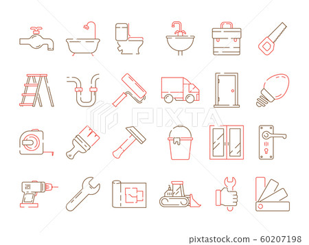 Construction equipment icon. Building home repair support service brickwork builder items vector collection Construction equipment icon. Building home repair support service brickwork builder items vector collection 60207198