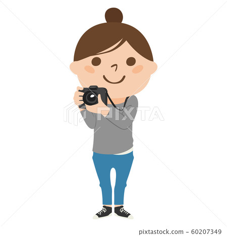 Occupation illustration. Female photographer. A woman taking a photo with a smile. 60207349