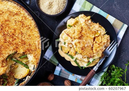cheesy Potato and green bean casserole, top view cheesy Potato and green bean casserole, top view 60207967