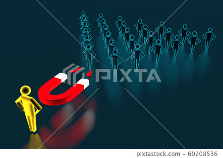 Close-up attracting blue Human Figures With Horseshoe Magnet On blue Background. 3D rendering 60208536