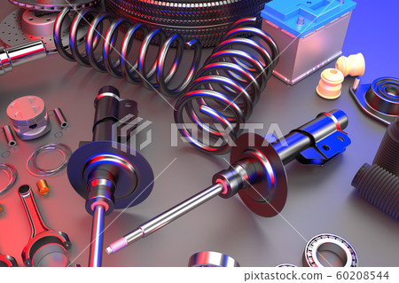 Passenger car Shock Absorber with dust cap, buffer mounting and strut mounting. 3D rendering. Passenger car Shock Absorber with dust cap, buffer mounting and strut mounting. 3D rendering. 60208544