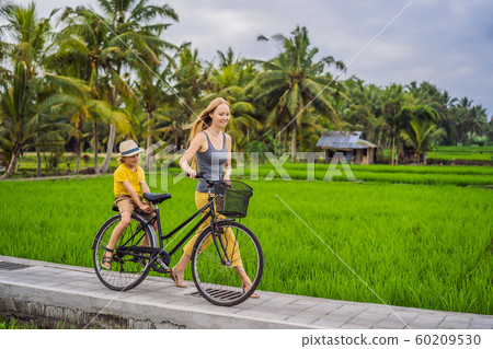 Mother and son ride a bicycle on a rice field in Ubud, Bali. Travel to Bali with kids concept 60209530