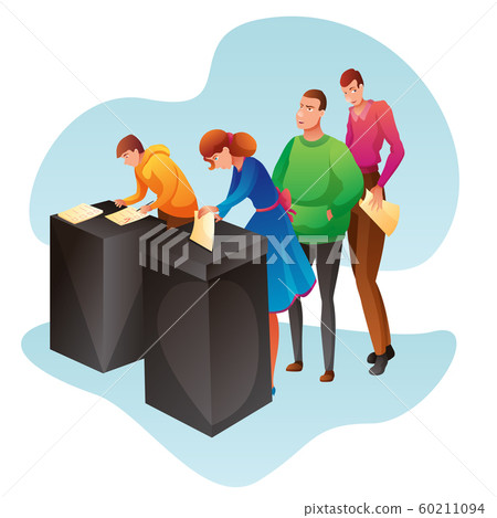 Woman and man putting ballot in voting box illustration Woman and man putting ballot in voting box illustration 60211094