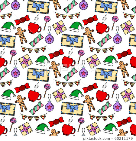 Merry Christmas and Happy New Year 2019 season color seamless pattern. Vector retro flat illustration. Party celebration, winter holidays event, carnival element. Doodle style decorations background. 60211179