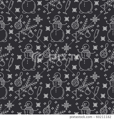 Merry Christmas Happy New Year 2019 season color seamless pattern. Vector retro linear illustration. Party celebration, winter holidays event, carnival element. Monochrome style decorations background 60211182