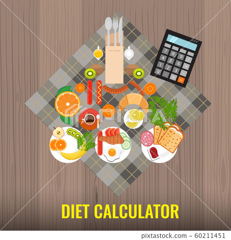 Diet calculator concept. Calculating or counting calories for a breakfast. Vector illustration. Diet calculator concept. Calculating or counting calories for a breakfast. Vector illustration. 60211451