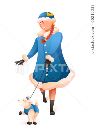 Girl in Snow Maiden costume leading dog on white Girl in Snow Maiden costume leading dog on white 60213332