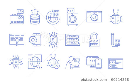 Coder icons. Programmer computer software expert input ends execute cluster bugs fix testing systems java code vector symbols Coder icons. Programmer computer software expert input ends execute cluster bugs fix testing systems java code vector symbols 60214258