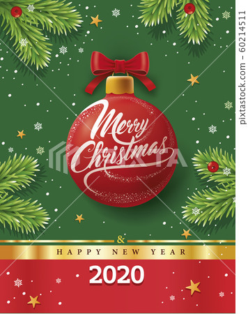christmas greeting card with red ball, snowflakes on green background christmas greeting card with red ball, snowflakes on green background 60214511