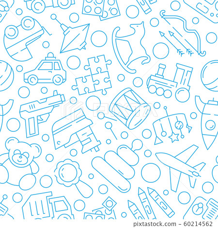 Toys kids pattern. Games for childrens plastic cars soldiers bear horse puzzle games vector textile design seamless background 60214562