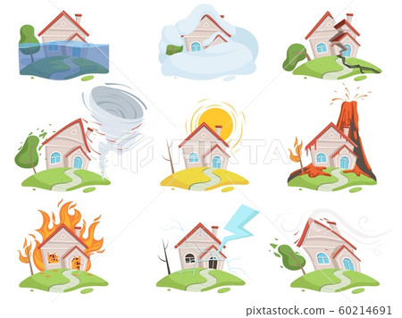 Nature disaster damage. Fire volcano water wind tree destruction tsunami vector cartoon pictures