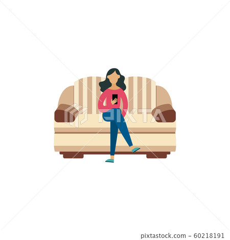 Cartoon woman sitting on striped yellow and brown sofa looking at her phone 60218191