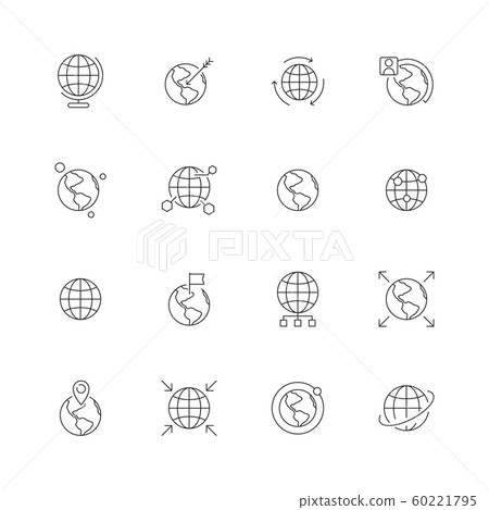 Globe icon. World wide map navigation points earth international flags country path vector thin line symbols 60221795