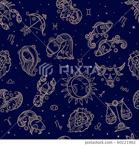 Astronomy seamless. Drawn zodiac symbols textile pattern design horoscope concept fish taurus lion gemini scorpion vector astronomy 60221902