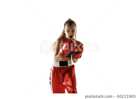 Young female kickboxing fighter training isolated on white background 60221903