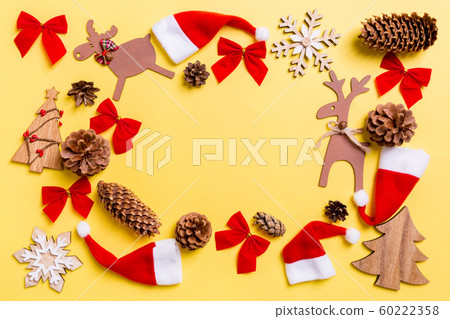 Christmas yellow background with holiday toys and Christmas yellow background with holiday toys and 60222358