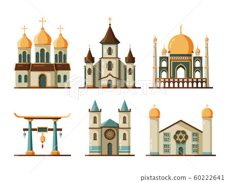 Religion buildings flat. Lutheran and christian church muslim mosque architectural traditional buildings Religion buildings flat. Lutheran and christian church muslim mosque architectural traditional buildings 60222641