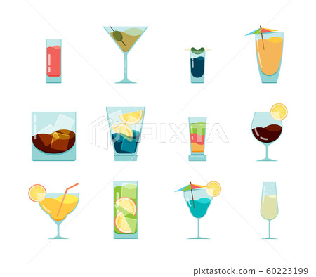Cocktails flat icon. Alcoholic summer party drinks in glasses cuba libre cosmopolitan vodka mojito vector icon collection Cocktails flat icon. Alcoholic summer party drinks in glasses cuba libre cosmopolitan vodka mojito vector icon collection 60223199