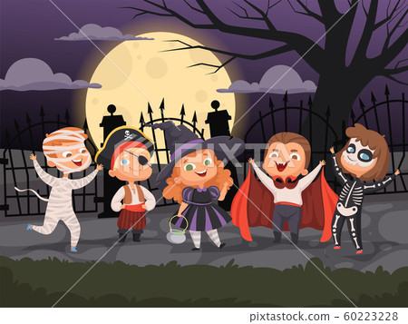 Halloween backgrounds. Kids playing in scary costumes for halloween devil horror party ghost zombie witch vector characters collection 60223228