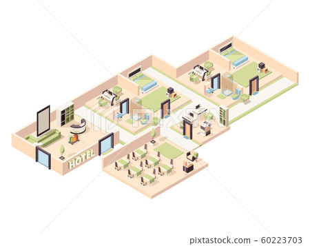 Hotel interior. Modern luxury hotel rooms lounge zone pool comfortable restaurant bathroom parking vector isometric 60223703