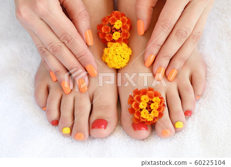 Female feet and hands with colorful manicure 60225104