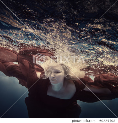 Portrait of a woman in a red dress underwater 60225108