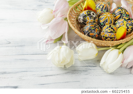 Easter eggs decorated with wax resist technique 60225455