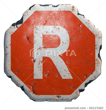 Public road sign in red and white with a capital letter R in the center isolated on white background. 3d 60225882