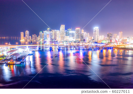 Aerial Miami skyline night long exposure in Miami Beach and MacArthur Causeway Aerial Miami skyline night long exposure in Miami Beach and MacArthur Causeway 60227011