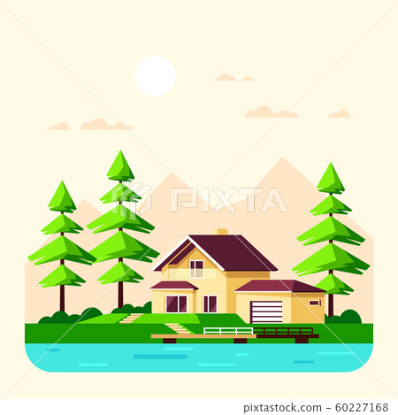 Family cottage house in the forest, Flat design... - Stock Illustration ...